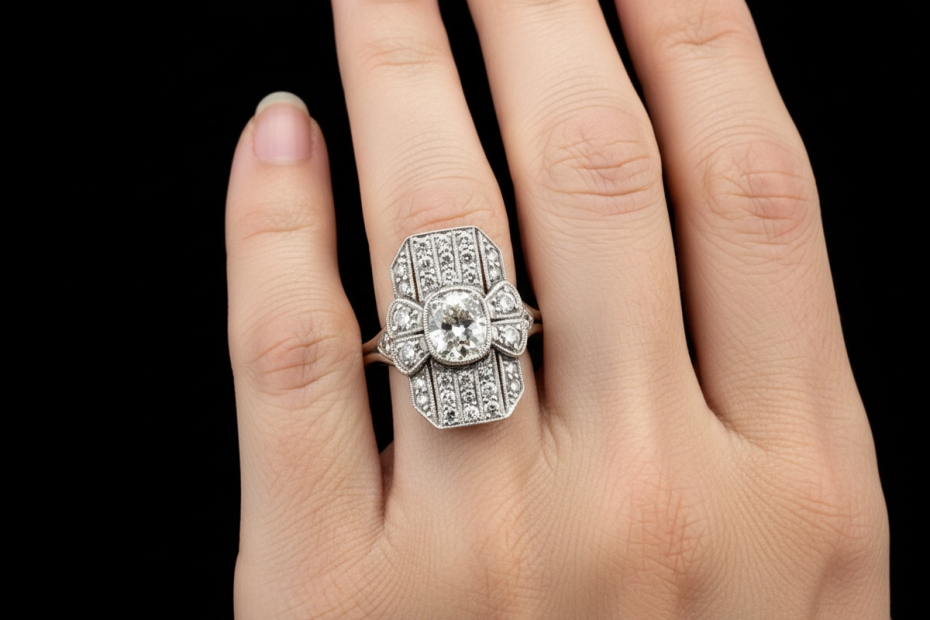 Antiker Ring mit Diamanten im Old Mine Cut Art déco in 950er Platin 