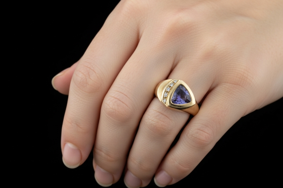 Ring mit Tansanit Dreieckig mit Diamanten in Gelbgold Goldschmiedearbeit 