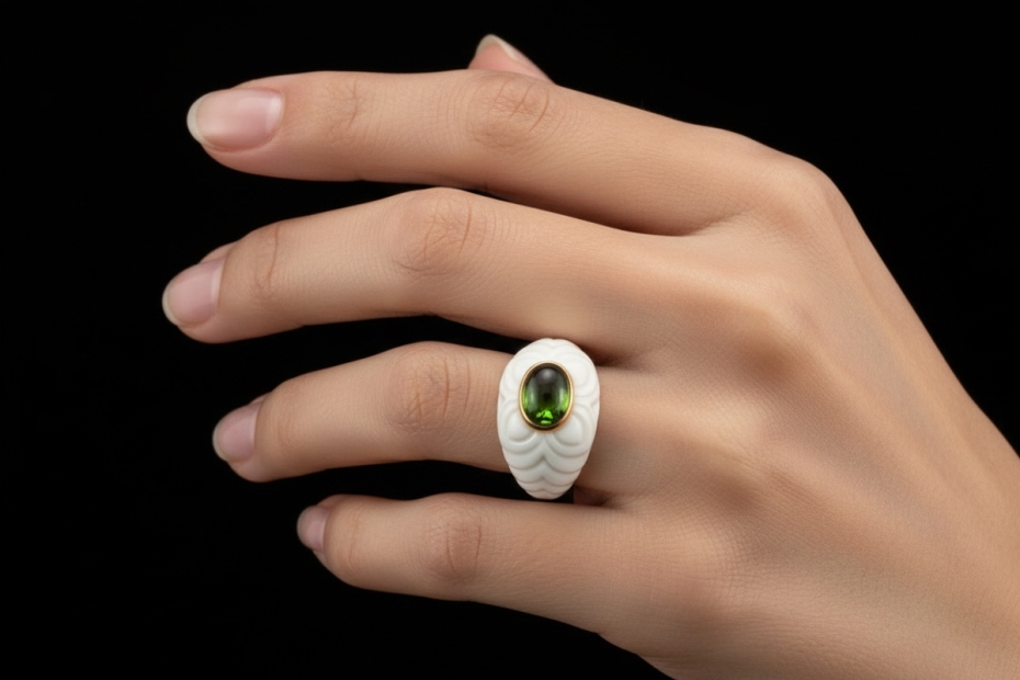 BVLGARI Ring Chandra mit grünem Turmalin Gelbgold 750 und weiße Keramik 