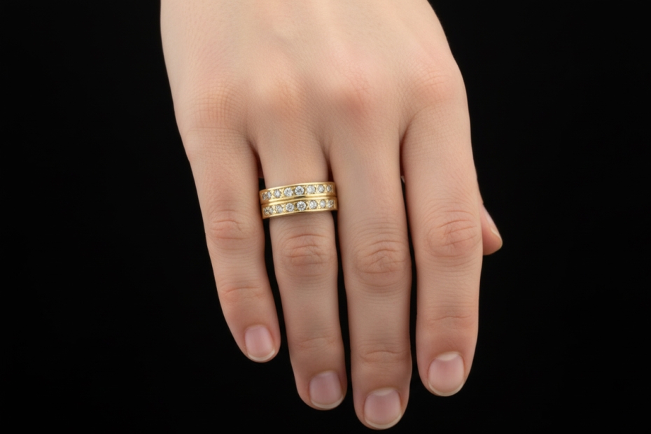 Bandring Ring mit 2 Reihen Diamanten Handarbeit in 750er Gelbgold Gr. 59 
