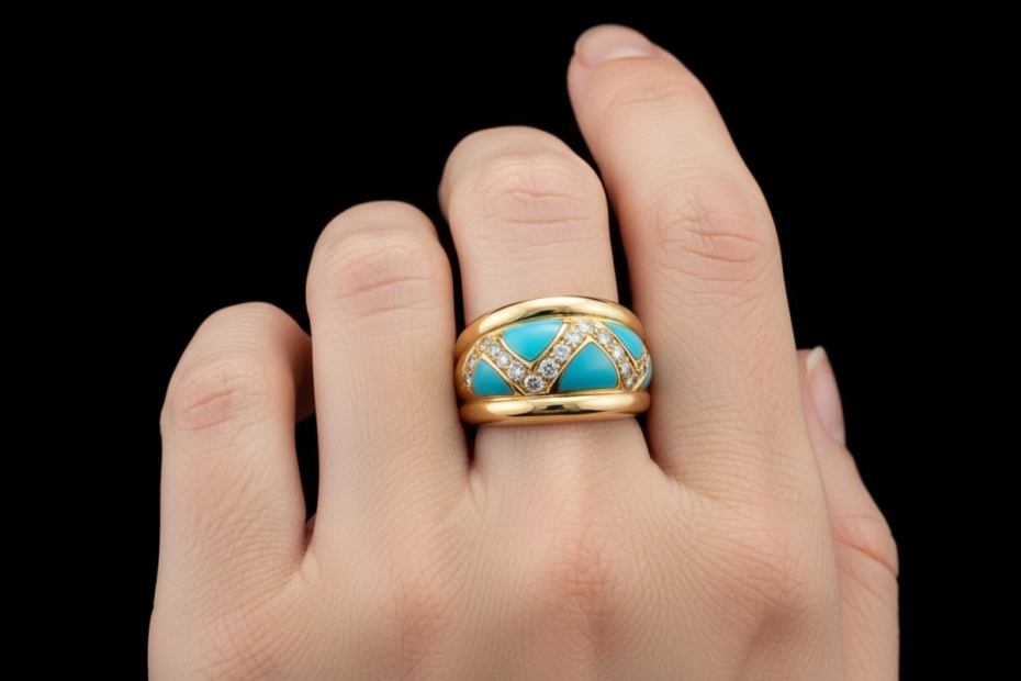 Cocktailring Ring mit Türkis dreieckig mit Diamanten in 750er Gelbgold 