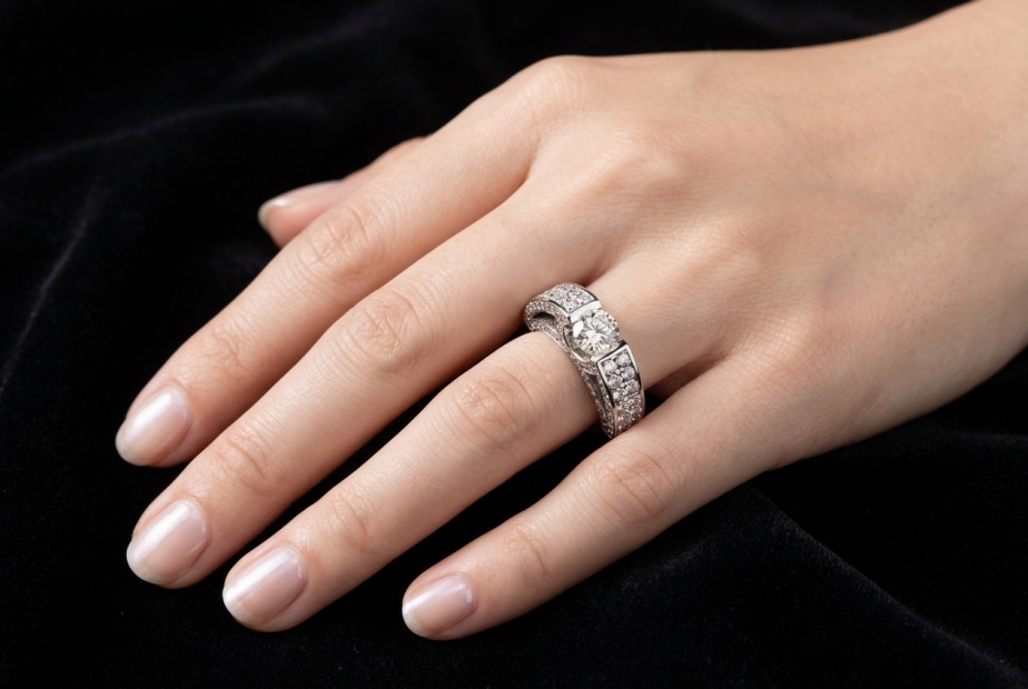 Diamant Ring Spannring Einkaräter Asymmetrische massive Weißgold Arbeit 