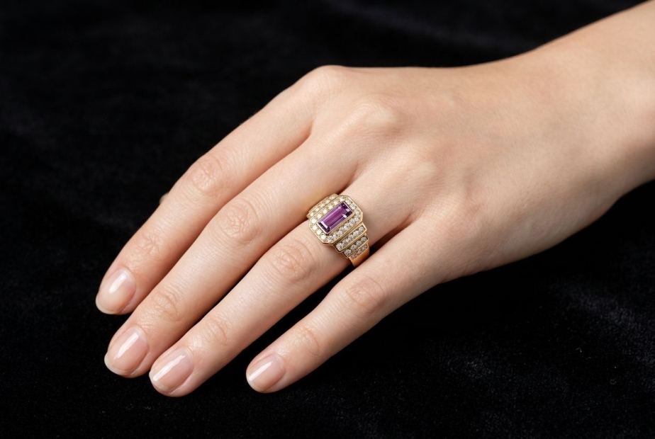 Ring Eckig mit Amethyst und Diamanten Goldschmiedearbeit in Gelbgold 750 