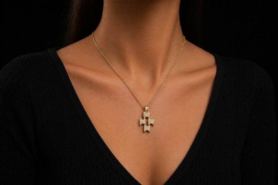 Victor Mayer Anhänger im Kreuz Design mit Diamanten in 750er Gelbgold 