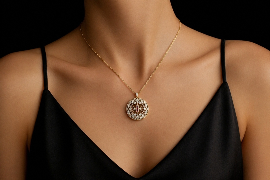 Großer runder Art déco Anhänger mit Diamanten und Rubin in Gelbgold 750 