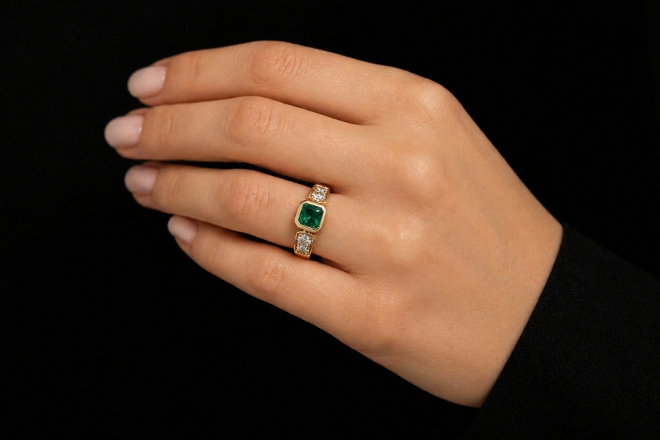 Klassischer Ring mit farbintensivem Smaragd und Diamanten in 750er Gold 