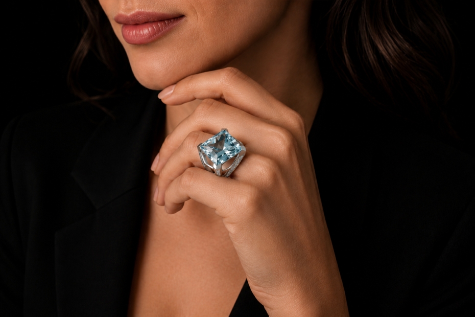 Großer Ring mit Princess Aquamarin und Diamanten in Weißgold Handarbeit 