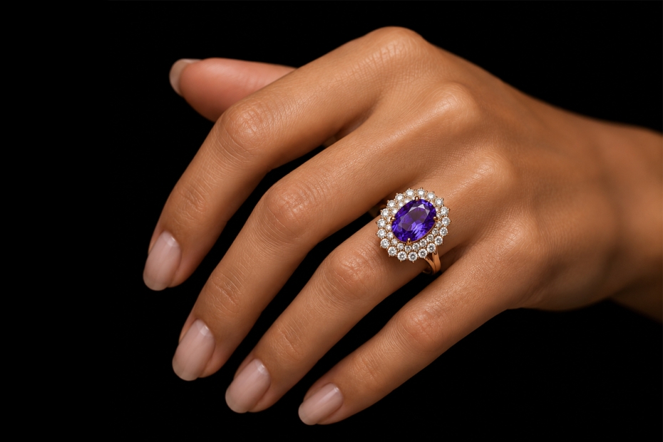 Entouragering Amethyst Cocktailring mit Diamanten in Gelbgold Handarbeit 