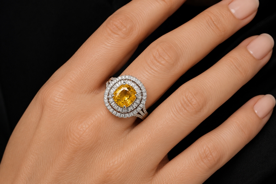 Cocktailring Gelber Saphir mit Diamanten Ring in Weißgold 750 Handarbeit 