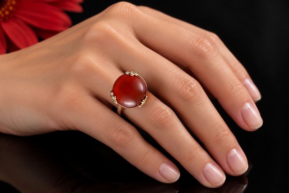 Großer runder Karneol Ring Rot mit Diamanten in Gelbgold 750 Handarbeit 