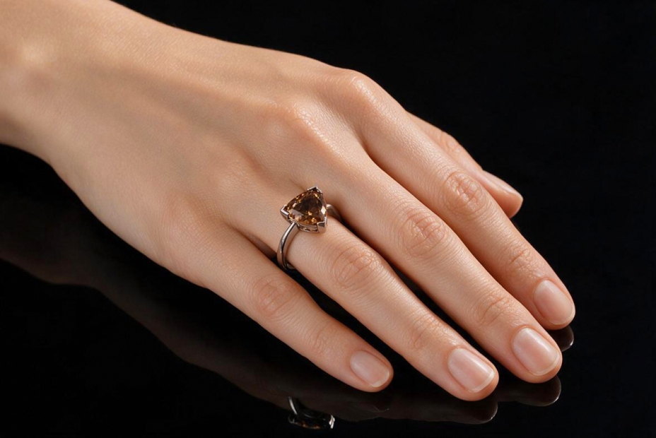 Gress-Rinck Ring Dreickiger Rauchquarz Braun Trillantschliff in Weißgold 