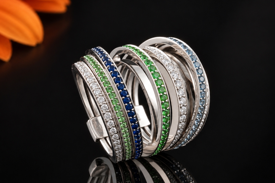 noor beweglicher Stapelring Diamanten Saphire Tsavorite in 750 Weißgold 