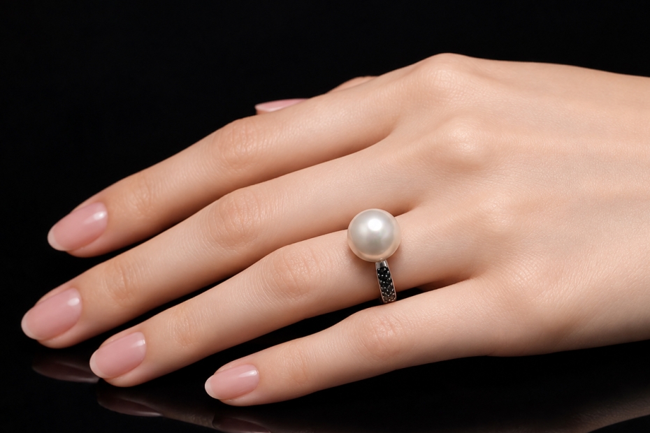Ring mit Südsee Zuchtperle und schwarzen Diamanten in 750er Weißgold 