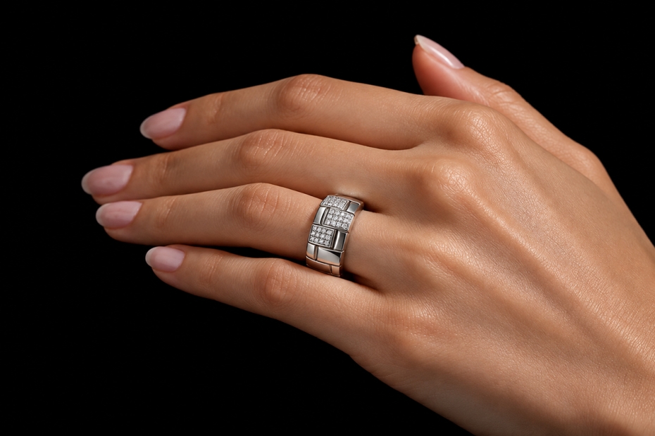 A. Odenwald Ring mit Diamanten Geometrisches Mosaik-Design Weißgold 750 