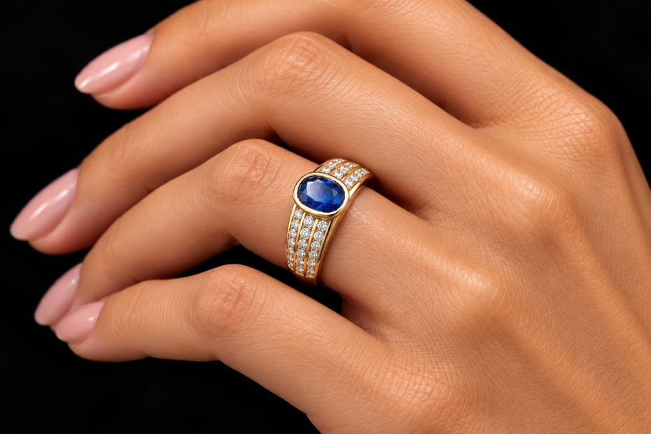 Ovaler Saphir Ring mit Diamanten in 750er Gelbgold Goldschmiedearbeit 