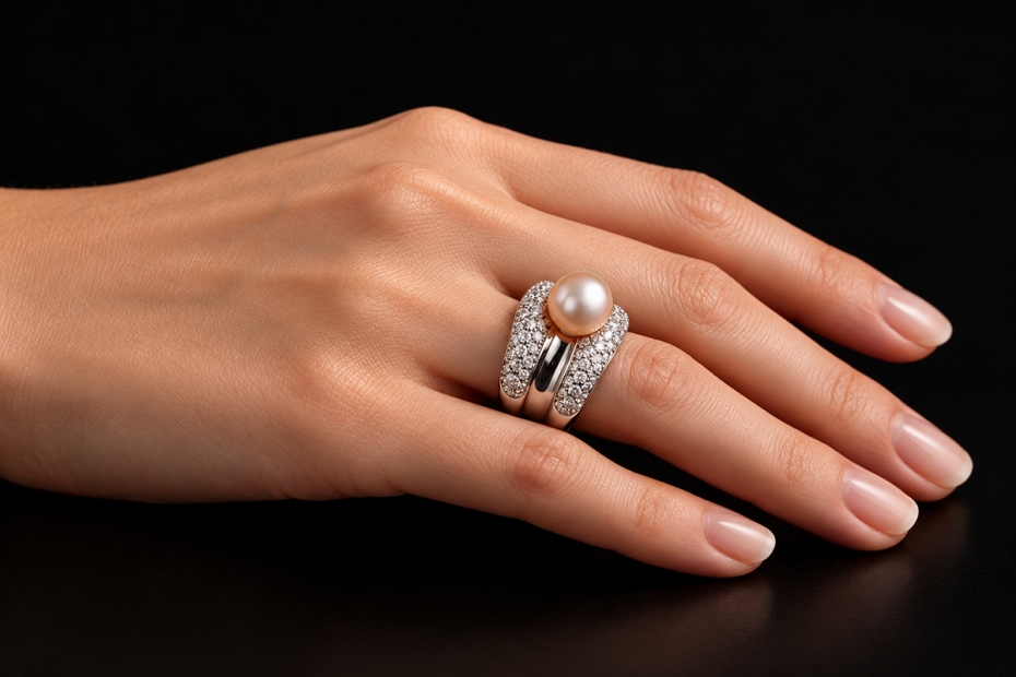 Exklusiver Weißgold Cocktailring Champagnerfarbene Perle und Diamanten 