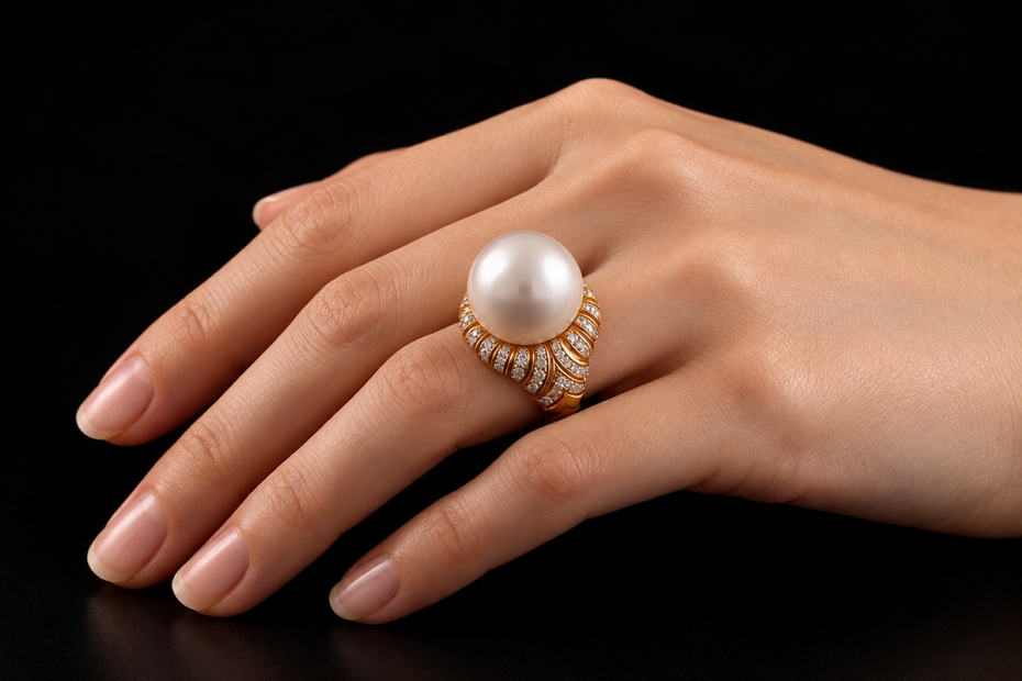 Prachtvoller Cocktailring mit Südseeperle und Diamanten in Gelbgold 750 
