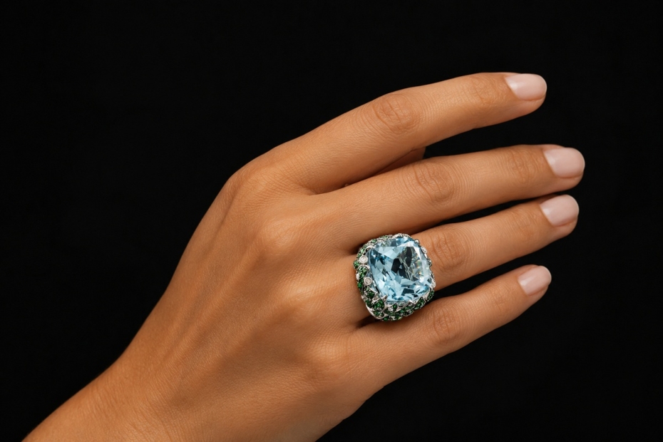 Cocktailring Blätterkranz Blauer Topas Tsavorit Diamanten 750er Weißgold 