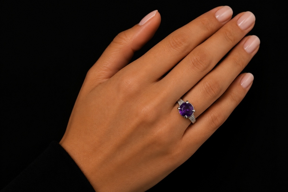 Hollfelder Ring mit facettiertem Amethyst und Diamanten in Weißgold 750 