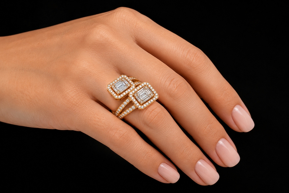 Double Baguette Ring eckig mit Diamanten und Brillanten in Roségold 750 