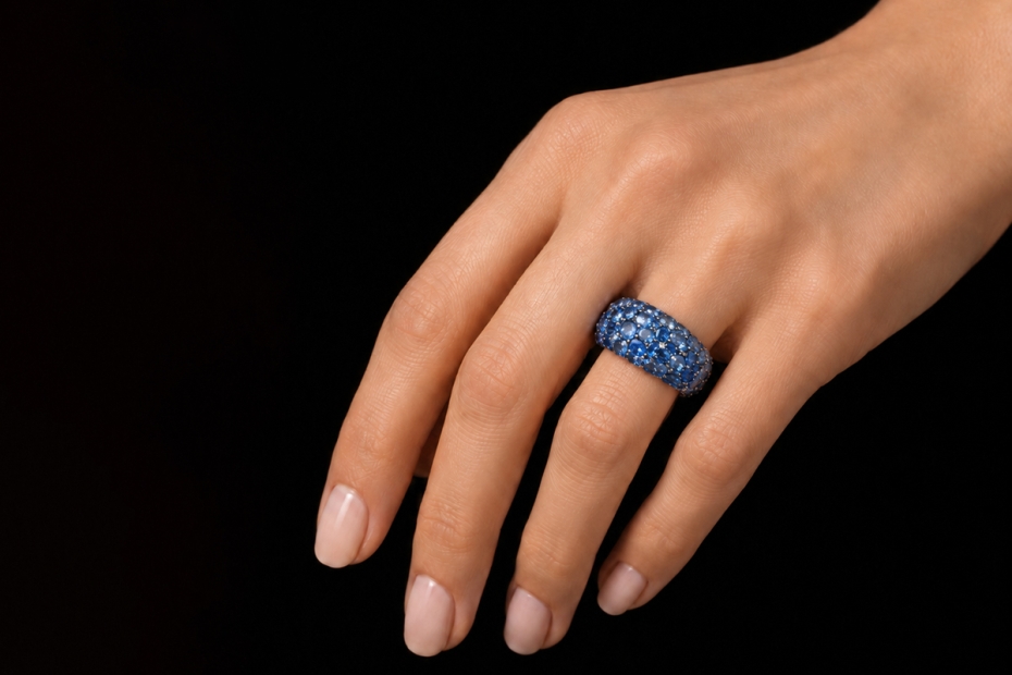 Cocktailring Bandring mit Saphir Mosaik und Diamanten in 750er Weißgold 