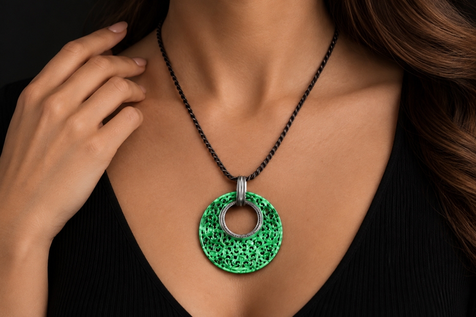 Hollfelder Collier Geschnitztes Jade Ornament mit Diamanten Weißgold 750 