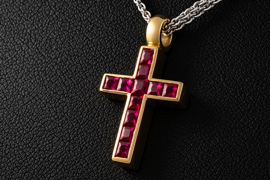 Hans Dieter Krieger Wende-Kreuz Collier Rubine & Diamanten in 750er Gold 