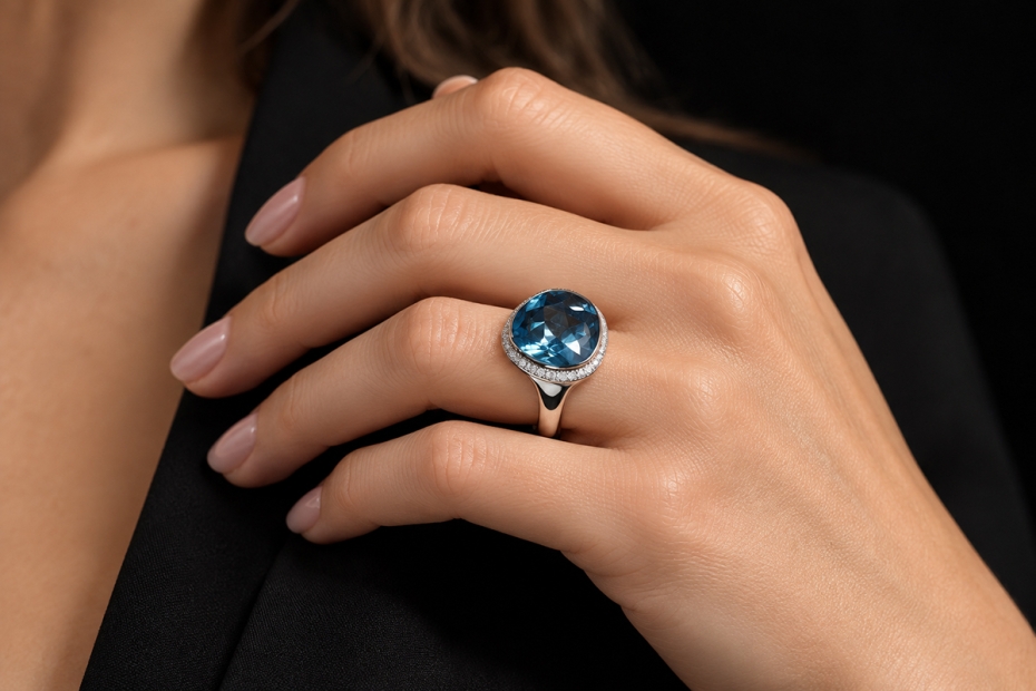 Hollfelder Exklusiver Blautopas Ring mit 104 Brillanten in Weißgold 750 