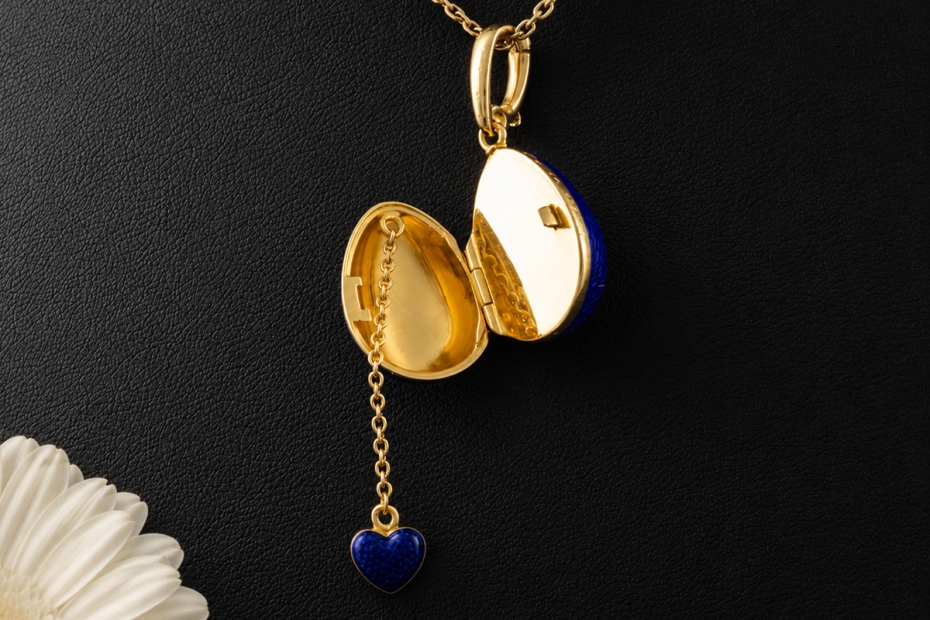 Fabergé Anhänger Gold Ei-Medaillon Herz Versteck Diamanten Emaille Blau 