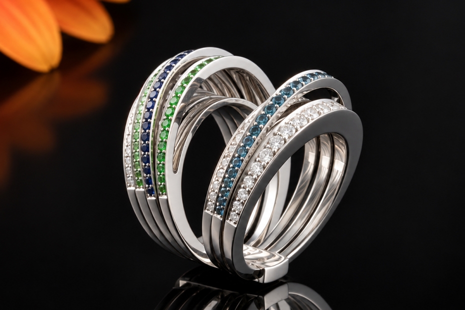 noor beweglicher Stapelring Diamanten Saphire Tsavorite in 750 Weißgold 
