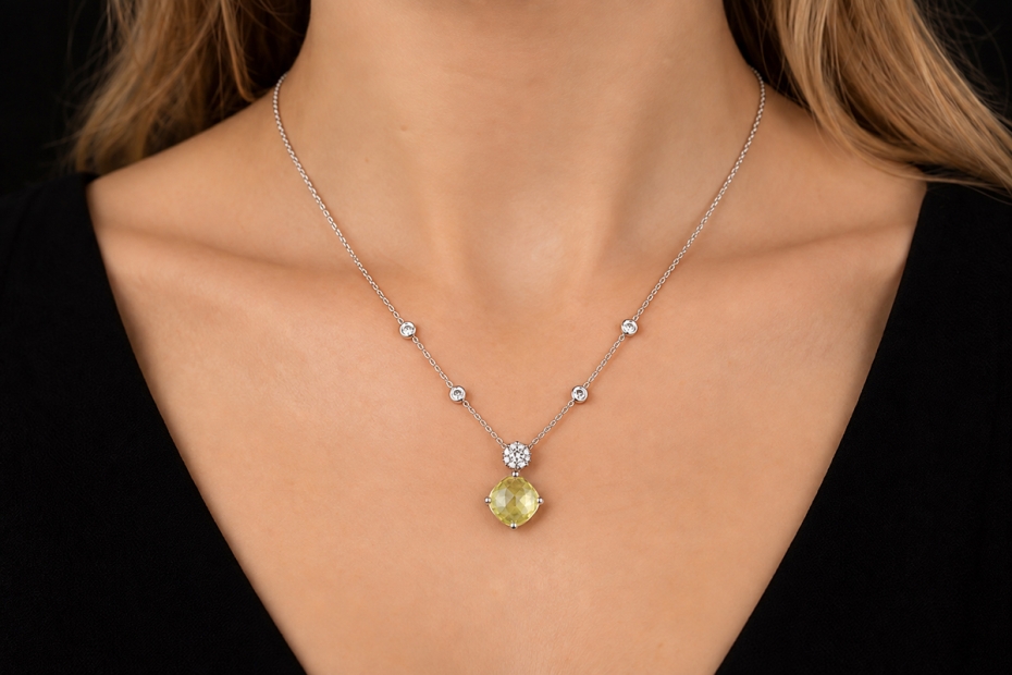 Gress-Rinck Collier Lemon-Citrin und Diamanten 750er Weißgold Handarbeit 