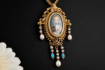 Antiker Anhänger Miniatur Portrait Mädchen mit Katze 19. Jh. in Gelbgold