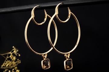 Hermès Ohrringe Große runde Creolen mit Rauchquarz Anhänger in Roségold