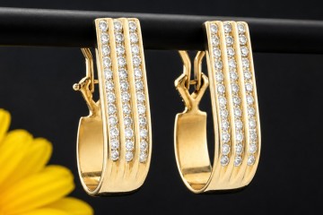 Lange Creolen Ohrringe Ohrstecker mit 3 Reihen Diamanten in Gelbgold 585
