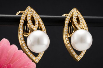 Südseeperlen Ohrhänger Ohrringe in Navette Form mit Diamanten Gelbgold