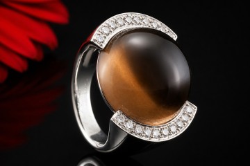 Cartier Vintage Ring mit Rauchquarz Cabochon und Diamanten Weißgold 750