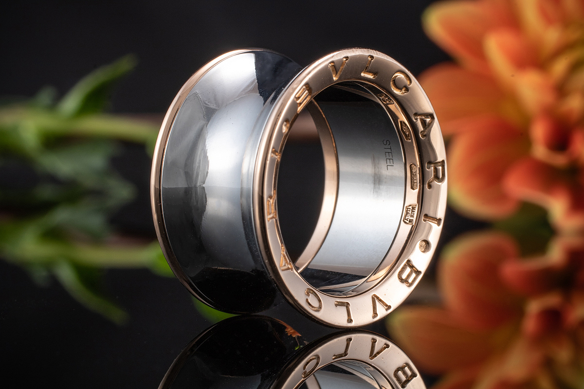 Breiter Bulgari Ring BVLGARI mit Edelstahl und 750er Rotgold Größe 53